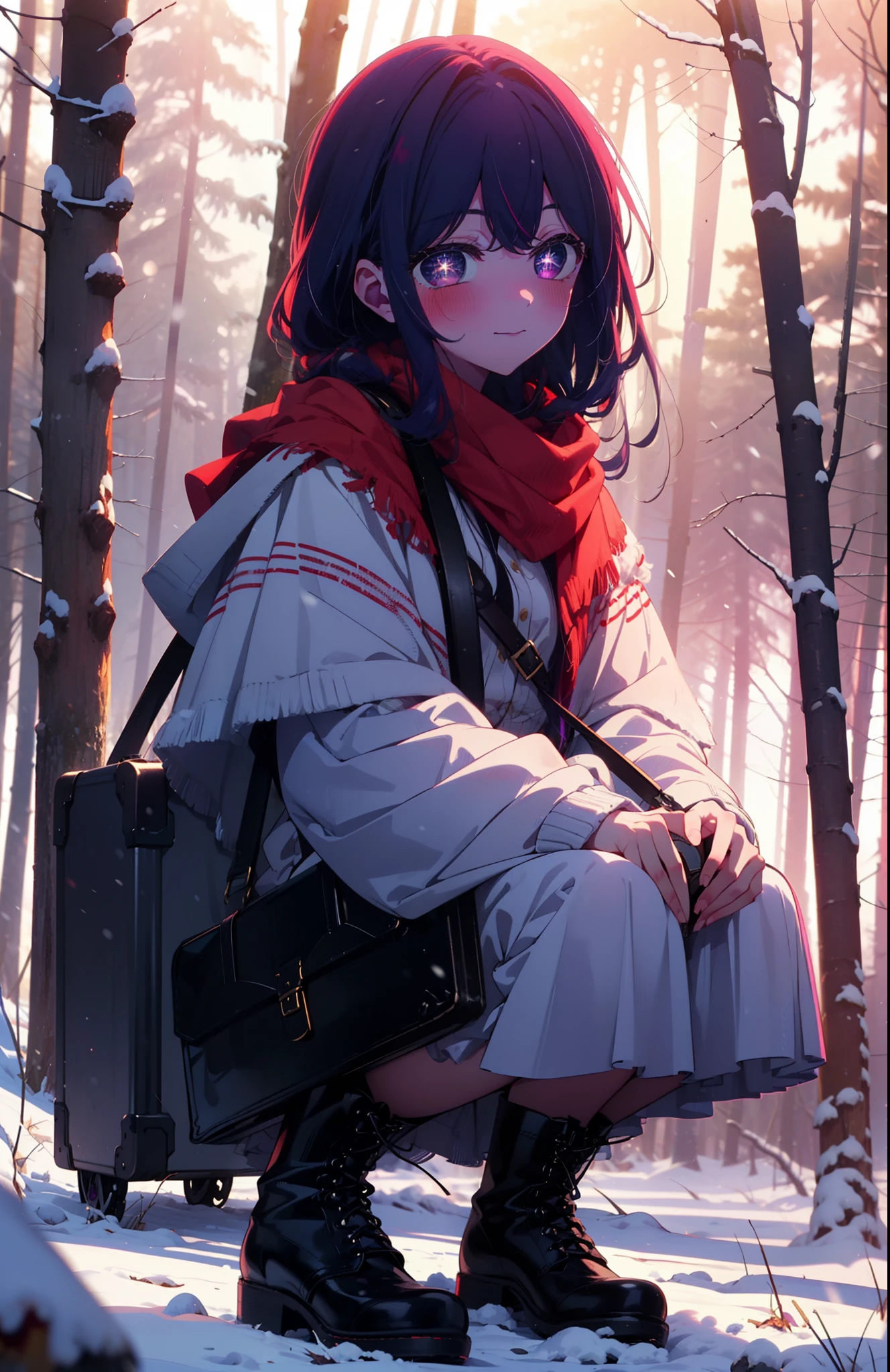 aihoshino, Ai Hoshino, Long Hair, bangs, (Purple eyes:1.1), Purple Hair, (Symbol-shaped pupil:1.5), smile,,smile,blush,white breath,
Open your mouth,snow,Ground bonfire, Outdoor, boots, snowing, From the side, wood, suitcase, Cape, Blurred, , forest, White handbag, nature,  Squat, Mouth closed, Cape, winter, Written boundary depth, Black shoes, red Cape break looking at viewer, Upper Body, whole body, break Outdoor, forest, nature, break (masterpiece:1.2), Highest quality, High resolution, unity 8k wallpaper, (shape:0.8), (Beautiful and beautiful eyes:1.6), Highly detailed face, Perfect lighting, Highly detailed CG, (Perfect hands, Perfect Anatomy),