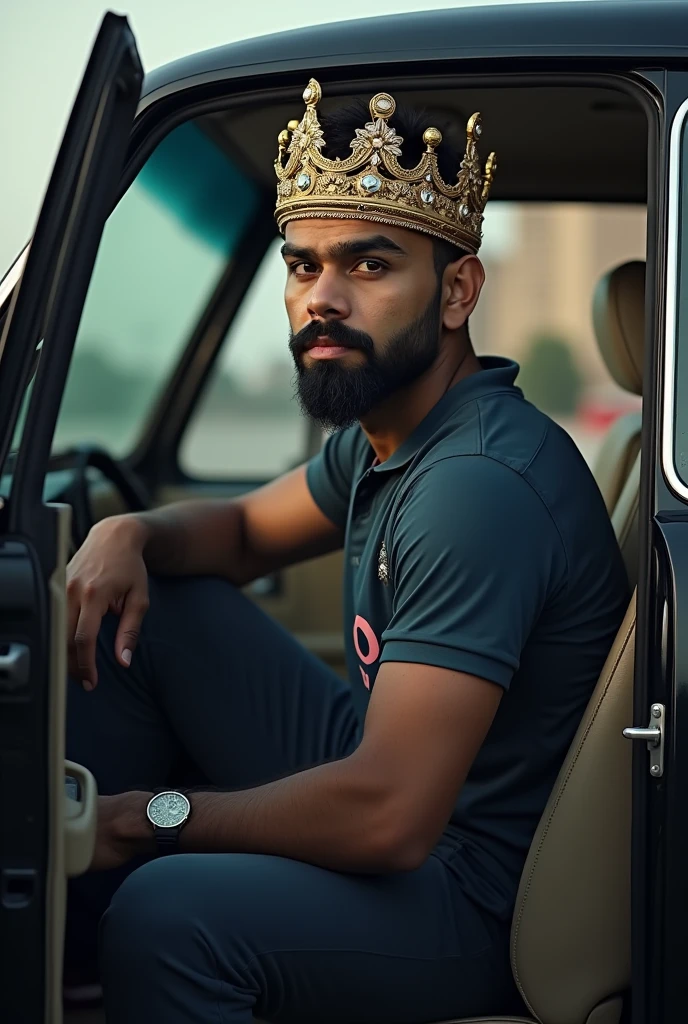 VIRAT KHILI SITTING ON A CAR DOOR OPEN WITH A CROWN WEARING 
