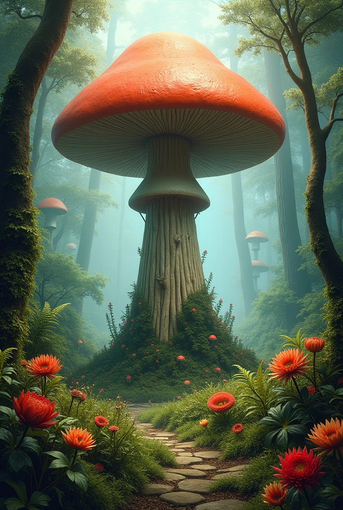 A movie poster, with a giant mushroom in the middle of a forest and several flowers around it