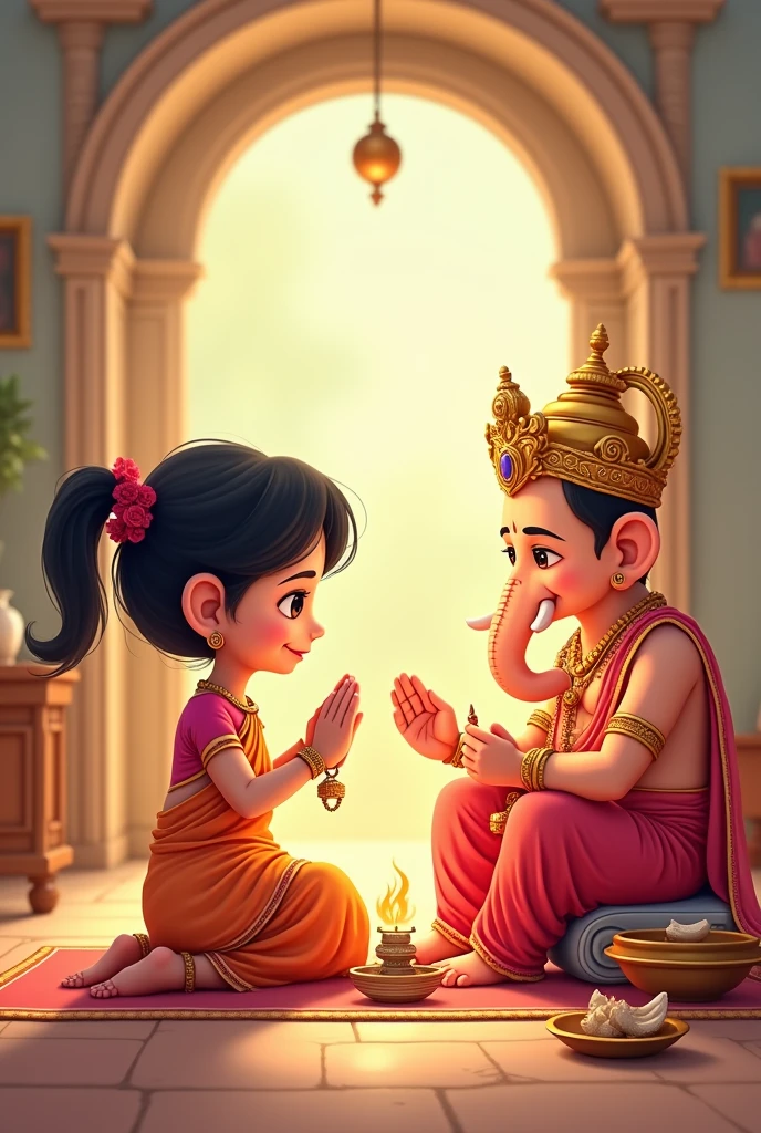 Girl sitting front of Ganesha for marriage worship cartoon 