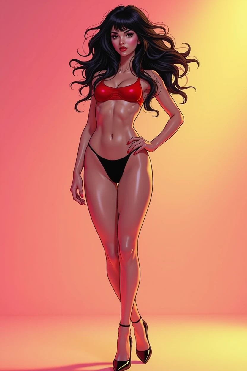 Create a full body portrait of a woman in the Japanese retro anime style of the 80s and 90s. The scene features a top model with wild hair, exuding confidence and allure. She stands in a dynamic pose that highlights her form and curves, set against a soft pink and yellow palette. The lighting reflections and shadows add depth and intensity to the scene. Her gaze is evocative and intense, aware of her own beauty and playing it up for the photoshoot. She is dressed in stylish, minimalist clothing that accentuates her form, with bold lipstick and eyeliner highlighting her sharp facial features. The background is minimalist, ensuring all attention is on her captivating presence. Emphasize her confident pose, wild hair, and the dramatic interplay of light and shadow, creating a nostalgic yet striking visual in the retro anime style.