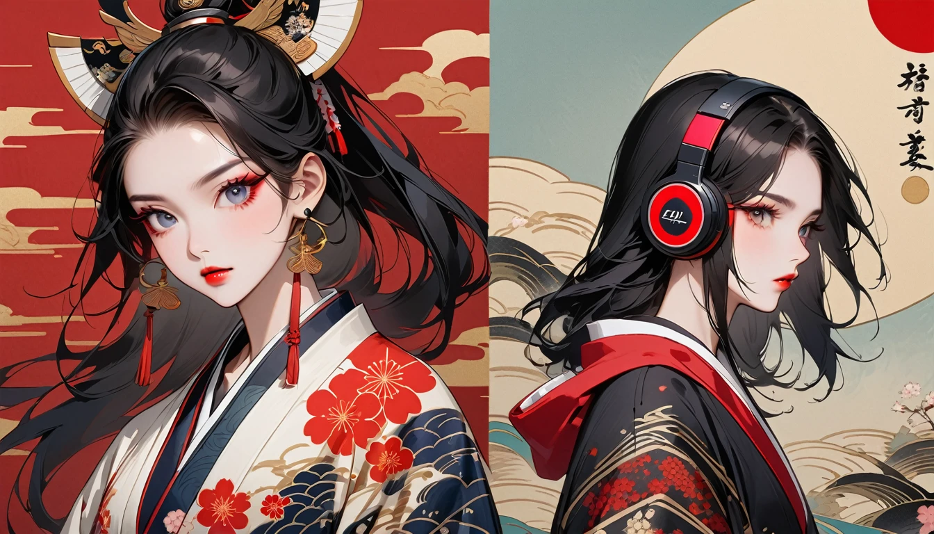 (((独奏))), (((Flashy makeup))), (((Japanese style headphones))), (((Japanese pattern hoodie))), (((Japanese sword))), (((Female samurai))), Japanese beautiful girl, Black Hair, Delicate and precise, Modern ukiyo-e style, Japanese flag, red and blue neon