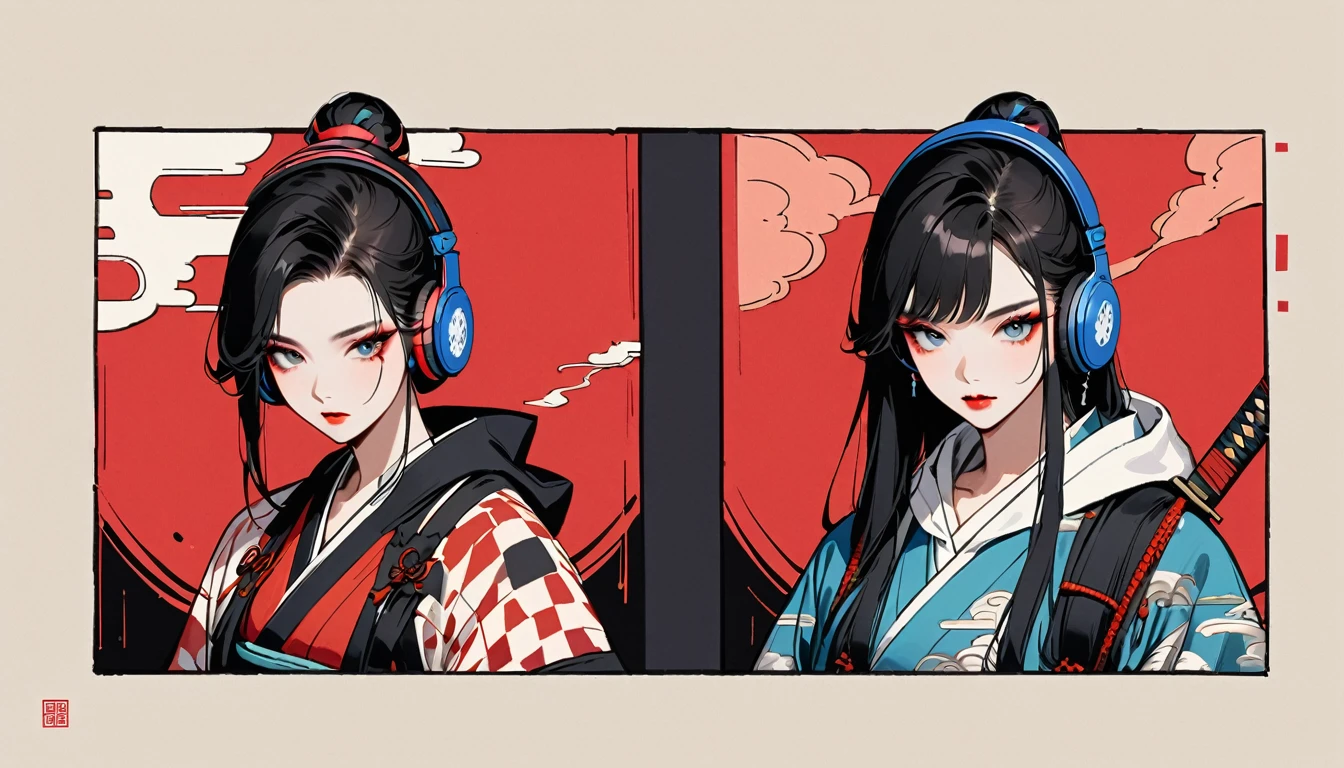 (((独奏))), (((Flashy makeup))), (((Japanese style headphones))), (((Japanese pattern hoodie))), (((Japanese sword))), (((Female samurai))), Japanese beautiful girl, Black Hair, Delicate and precise, Modern ukiyo-e style, Japanese flag, red and blue neon