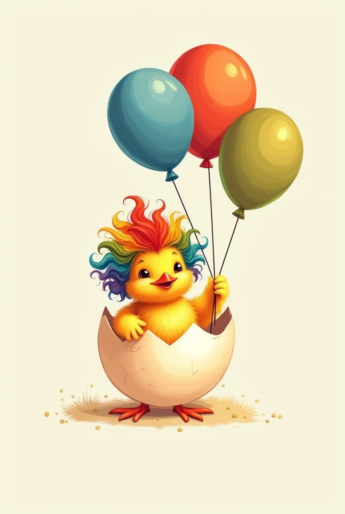 Drawing of a cute chick in its shell with a clown wig and balloons that it holds together