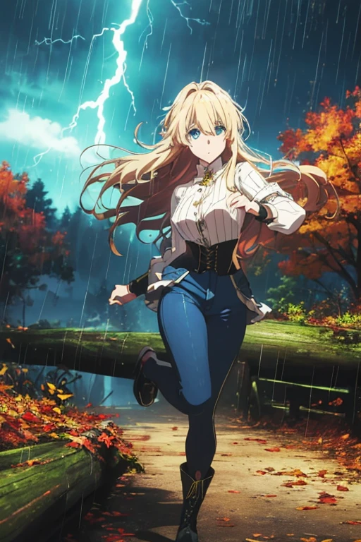 Modern anime-style digital painting of a 25-year-old female teacher in a frontal view and action pose during an autumn day, soaked by rain with dramatic lightning in the background. She is 165 cm tall, with measurements of 91-61-81 cm, and has waist-length, wavy blond hair with V bangs and bright blue eyes. Emitting a golden aura, she stands dynamically with one leg raised on a fallen log. She wears a ruffled white blouse, a black corset, skinny tight blue jeans, and high black boots, all drenched by the rain. The scene is set against rich autumn foliage and vivid lightning, enhancing the intense and mystical atmosphere.