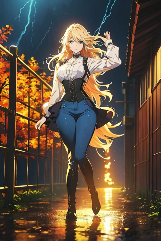 Modern anime-style digital painting of a 25-year-old female teacher in a frontal view and action pose during an autumn day, soaked by rain with dramatic lightning in the background. She is 165 cm tall, with measurements of 91-61-81 cm, and has waist-length, wavy blond hair with V bangs and bright blue eyes. Emitting a golden aura, she stands dynamically with one leg raised on a fallen log. She wears a ruffled white blouse, a black corset, skinny tight blue jeans, and high black boots, all drenched by the rain. The scene is set against rich autumn foliage and vivid lightning, enhancing the intense and mystical atmosphere.