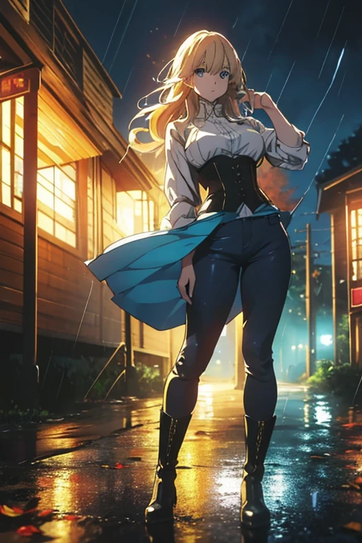 Modern anime-style digital painting of a 25-year-old female teacher in a frontal view and action pose during an autumn day, soaked by rain with dramatic lightning in the background. She is 165 cm tall, with measurements of 91-61-81 cm, and has waist-length, wavy blond hair with V bangs and bright blue eyes. Emitting a golden aura, she stands dynamically with one leg raised on a fallen log. She wears a ruffled white blouse, a black corset, skinny tight blue jeans, and high black boots, all drenched by the rain. The scene is set against rich autumn foliage and vivid lightning, enhancing the intense and mystical atmosphere.