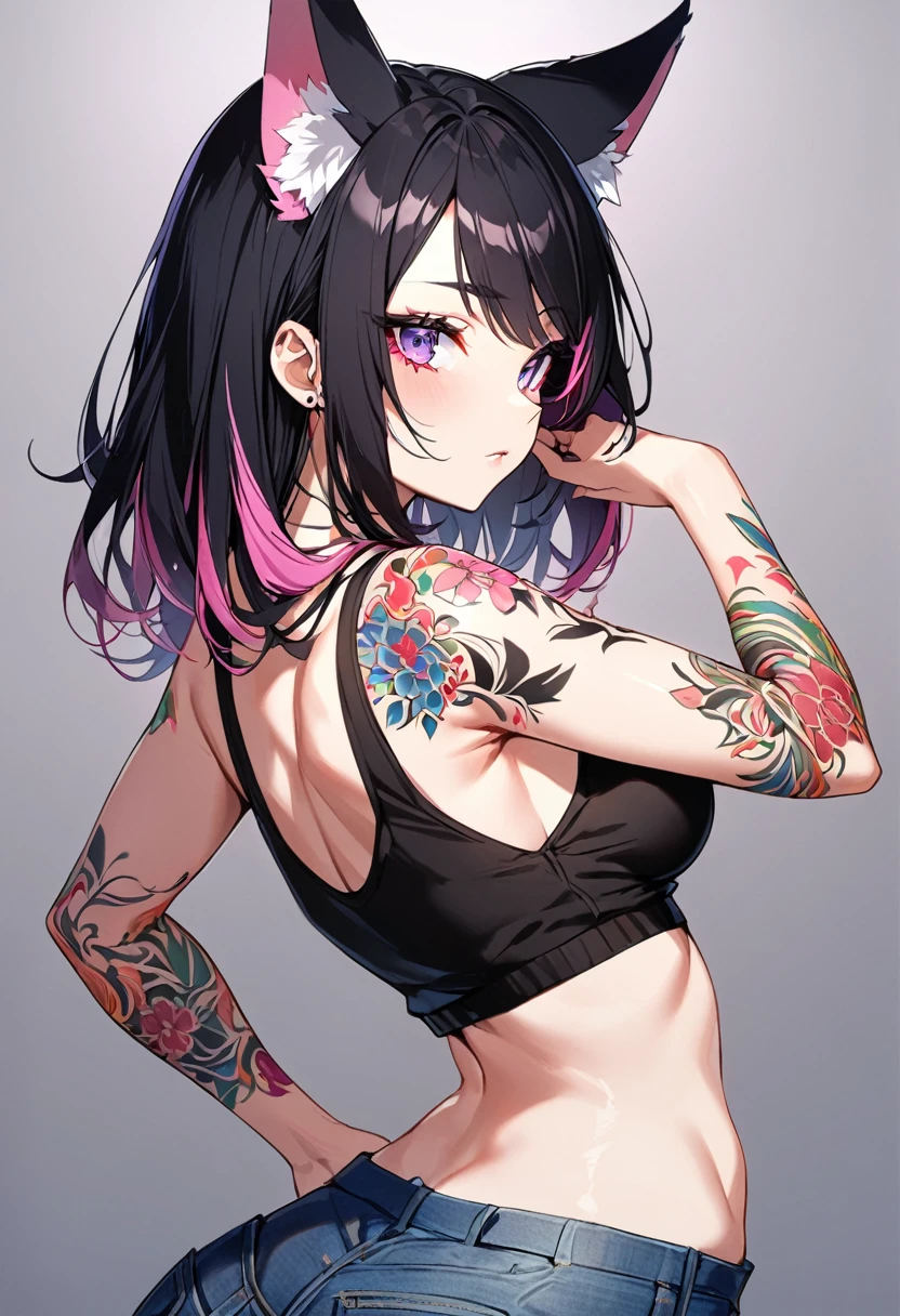 1woman, black hair with pink tips,kitsune ears, purple eyes, wearing white jacket, black top, jeans, tattoo on arms, colorful tattoos, showing body, sexy pose
