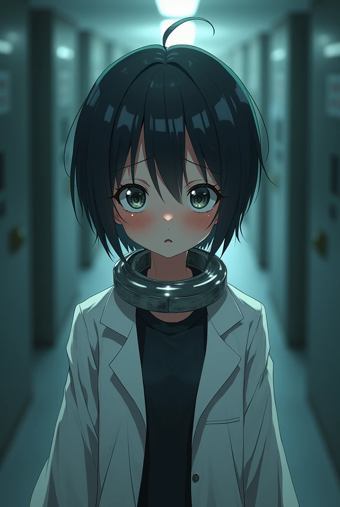 anime kid girl short hair wearing a lab coat and a metallic collar like and experimental subject facing down with fear in her eyes with tears flowing down her cheeks 
