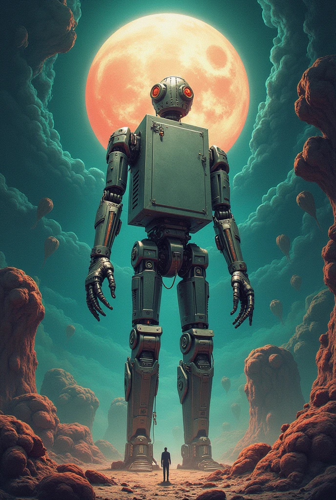 Create a poster that says "MACRODISCOM0BIL" "SOLLAN". This poster must represent a fantasy world where a mechanical being must be the god of techno and hardcore.. this should add a large white box that will be located in the center of the composition. From this poster other mechanical beings attracted by music will emerge