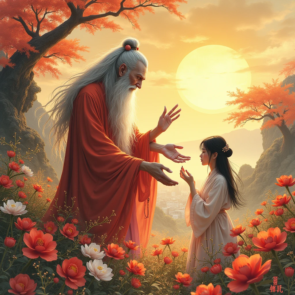 Paint a work in the traditional Chinese ink painting style with an emphasis on gold. Among them should be depicted a wise man with gray hair and long hair and sharp eyes of pink color. This sage should be a man with many hands and fingers and multiple faces.sunset, there is a female in a red and white flowers holding a bouquet, woman in flowers, picking flowers, holding flowers, picking up a flower, woman standing in flower field, woman standing in a flower field, flowers on heir cheeks, woman in a flower field, portrait of woman in flower field walking in forest, woman with a flower head. ((extremely wide shot:1.15)), a ultrarealistic on a bridge looking at a city in the distance in the background, ((back view)), ((full body)), magnificent scene, detailed environment, highly detailed environment deep path Equirectangular garden (((epic UnrealEngine5 Ultra tMasterpiece ultra_high-definition ultra Professional Photorealistic optimal ultra_sharp-focus max ultra_high-quality opengl-shaders symmetrical ultra_high-details accurate reflex ultra_high-resolution perfection volumetric Cinematic_Sunlight improved Octane_render XT3 DSLR 3dcg shadow, analogiques, extatiques, saturate, reflection))) dazzling Will-o'-the-wisp global luminescence, --v 6 --s 1000 --c 20 --q 500 --chaos100