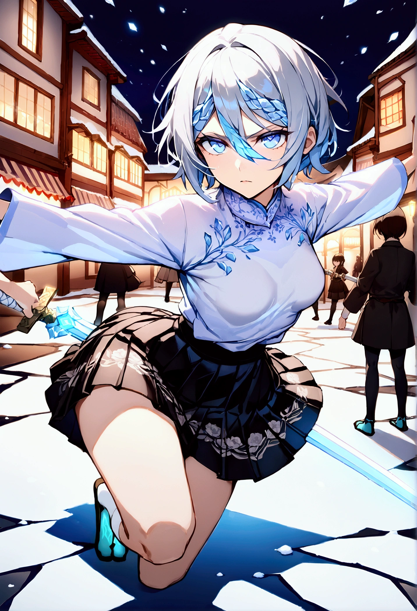 ((Highest quality)),((Very detailed)),(((Has two swords))),((Pale-white shining sword,Two-Way)), ((White chain between the swords)),((Town square at night,)), ((Blue mesh on hair)),masterpiece, Detailed face,Beautiful Face, Top view, (Fighting), ((ice,snow)),(Long-legged white shirt,Short black skirt,White floral pattern on skirt,White socks,geta),((One girl)),((Blue Eyes,Dynamic pose,A slightly fluffy shirt)) , Rukia, Gray Hair, short hair, Hair between the eyes, Purple eyes, Small breasts,cold