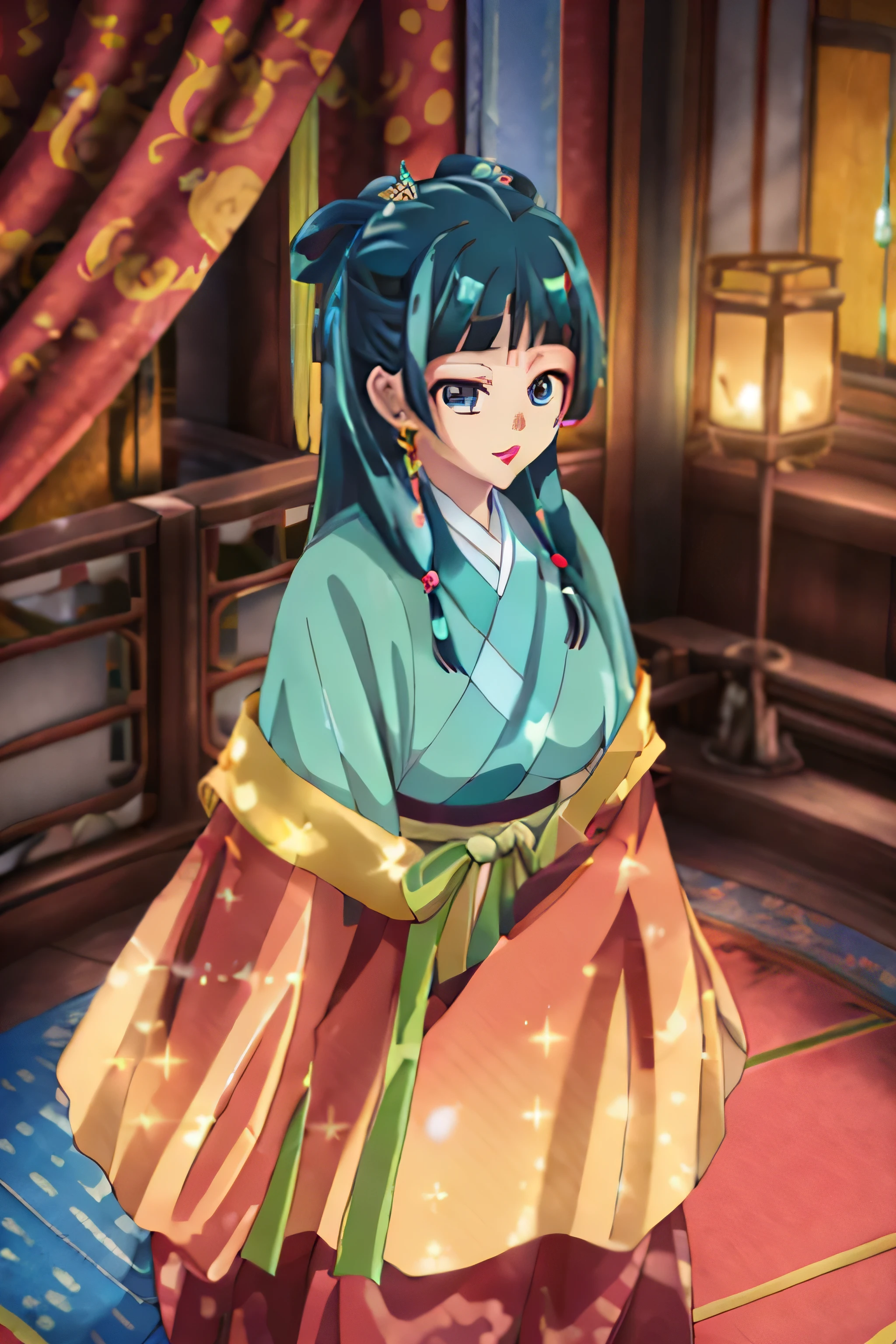 (((Highest quality､Ultra-high resolution､masterpiece: 1.6))), Highly detailed anime art style,Teen Style, (Off the shoulder,Earrings, The lavish interior of the Tang Dynasty harem), Detailed green hair, Detailed blue eyes, Complicated hairstyle, Long Hair,Sparkling eyes,like々Shii,hair accessory, Wearing Chinese Earrings, She has a hairpin on her head、Half Up, Slightly blunt bangs, Detailed lighting, Bright colors, Looking at the audience, Shot from 45 degrees above､Narrow waist､Look forward､Stand in the center of the image､Cowboy Shot,Cat､Curvaceous､Big Breasts､BIG ASS､High-end kimono､Traditional Tang Dynasty Kimono、Deep red lipstick､Courtesan-style costume、