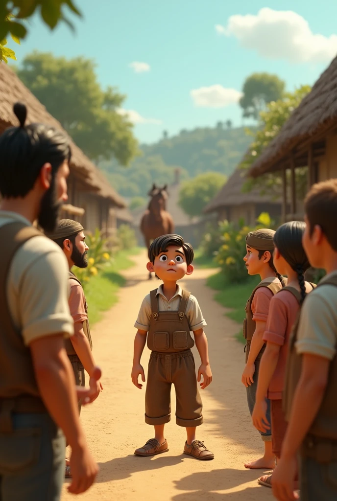 In cinematic 3d cartoon style,,   किसान का घोड़ा भागता हुआ। किसान चिंतित है और गाँव वाले उसकी स्थिति पर चर्चा कर रहे हैं।