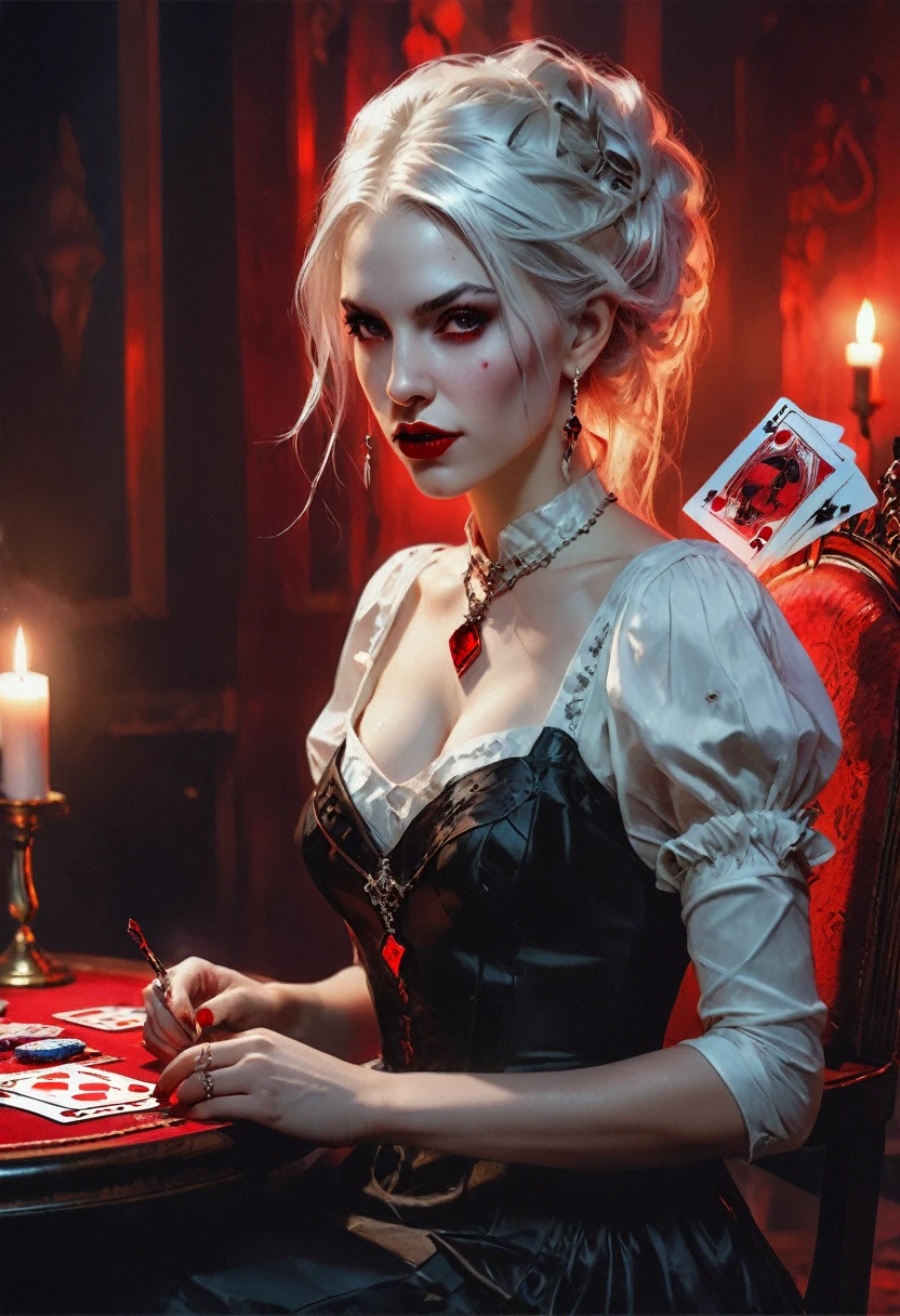 a portrait of a vampire playing poker game of cards, holding cards ((cards not shown:1.5)) the cards are dripping blood, an exquisite beautiful vampire, goth vampire, ((dynamic hair color: 1.5)), white pale skin, some blood veins are seen on the skin, red lips, red eyes, glowing eyes, wearing goth dress, silk dress, there are diamonds on the dress, earing a choker studded with a red diamond, ((vampire fangs:1.5)), she sits near a poker table in a dark fantasy room, there is a playing table, torch light,  vibrant, Ultra-high resolution, High Contrast, (masterpiece:1.5), highest quality, Best aesthetics), best details, best quality, highres, ultra wide angle, 16k, [ultra detailed], masterpiece, best quality, (extremely detailed: 1.5), rpg portrait, NRART