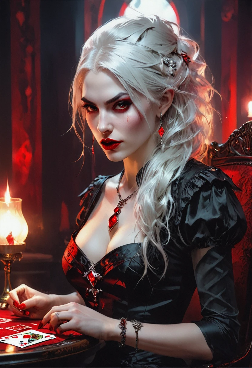 a portrait of a vampire playing poker game of cards, holding cards ((cards not shown:1.5)) the cards are dripping blood, an exquisite beautiful vampire, goth vampire, ((dynamic hair color: 1.5)), white pale skin, some blood veins are seen on the skin, red lips, red eyes, glowing eyes, wearing goth dress, silk dress, there are diamonds on the dress, earing a choker studded with a red diamond, ((vampire fangs:1.5)), she sits near a poker table in a dark fantasy room, there is a playing table, torch light,  vibrant, Ultra-high resolution, High Contrast, (masterpiece:1.5), highest quality, Best aesthetics), best details, best quality, highres, ultra wide angle, 16k, [ultra detailed], masterpiece, best quality, (extremely detailed: 1.5), rpg portrait, NRART