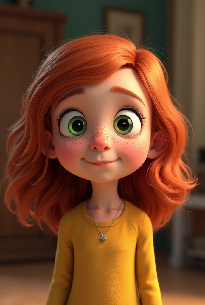 Lucy wilde from despicable me as a 7 (red middle to long hair slightly curly green eyes small freckles, very big nose)