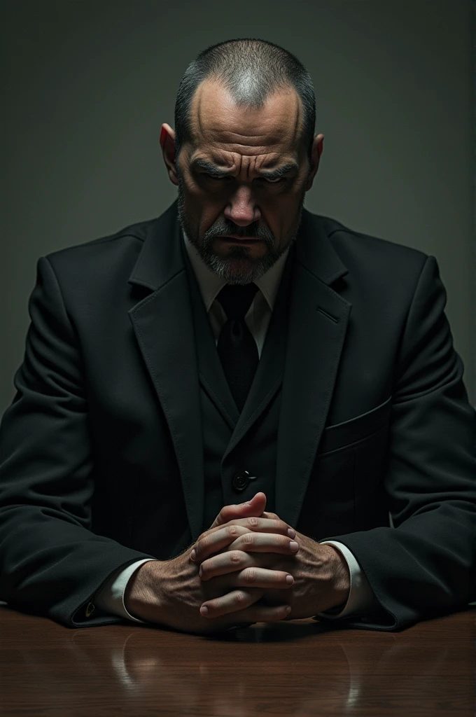 A narrator, visibly nervous, sitting behind a table, with an expression of fear. On the other side of the table is Damázio dos Siqueiras, an imposing and intimidating man, with a threatening posture, but with an inquisitive look