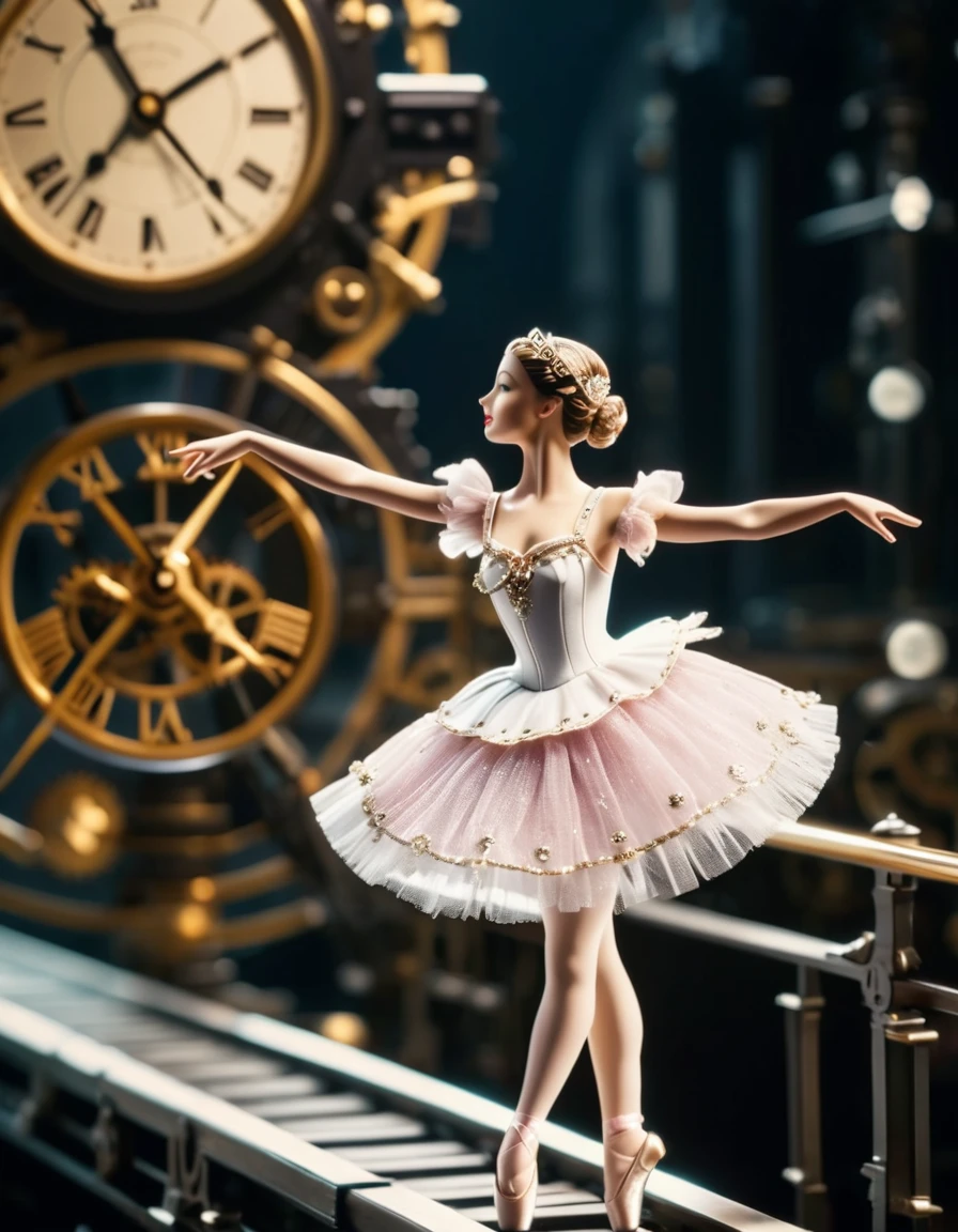 Photo Time Art, Toy ballerina dancing on a rail, Automate, Ballet Costumes, Clock mechanism, Essential Details, 50mm with attention to detail . cinematic 4k spectacular detail 4k spectacular detail photo taken with kodak details cinematic hbo dark moody, 35mm Photography, granular, Vignette, Vintage, Kodachrome, Lomography, Dirty, Very detailed, discovered footage