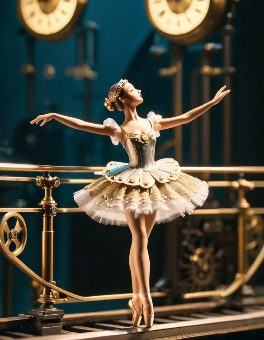 Photo Time Art, Toy ballerina dancing on a rail, Automate, Ballet Costumes, Clock mechanism, Essential Details, 50mm with attention to detail . cinematic 4k spectacular detail 4k spectacular detail photo taken with kodak details cinematic hbo dark moody, 35mm Photography, granular, Vignette, Vintage, Kodachrome, Lomography, Dirty, Very detailed, discovered footage