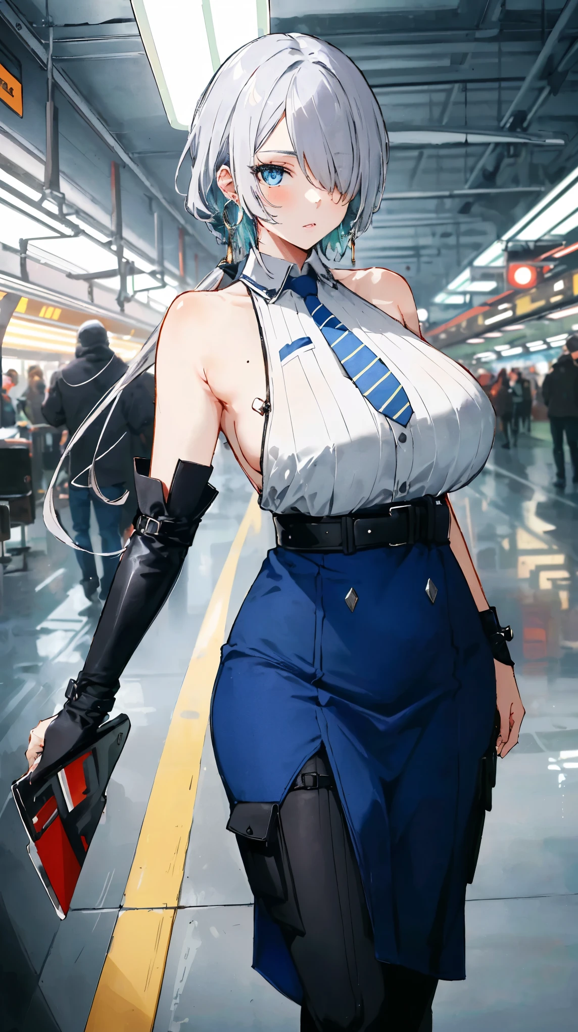 (masterpiece, best quality, ultra detailed, absurdres:1.5), 1girl, (sexy, beautiful woman, perfect face, perfect eyes, perfect female body, large breasts:1.5), (nikkebrid, white hair, low ponytail, hair over one eye, earrings, garrison cap, sleeveless shirt, long skirt, blue necktie, belt pouch, elbow gloves, high heel boots, ), (standing, indoors, future_train_station), perfect lighting, smooth, hdr