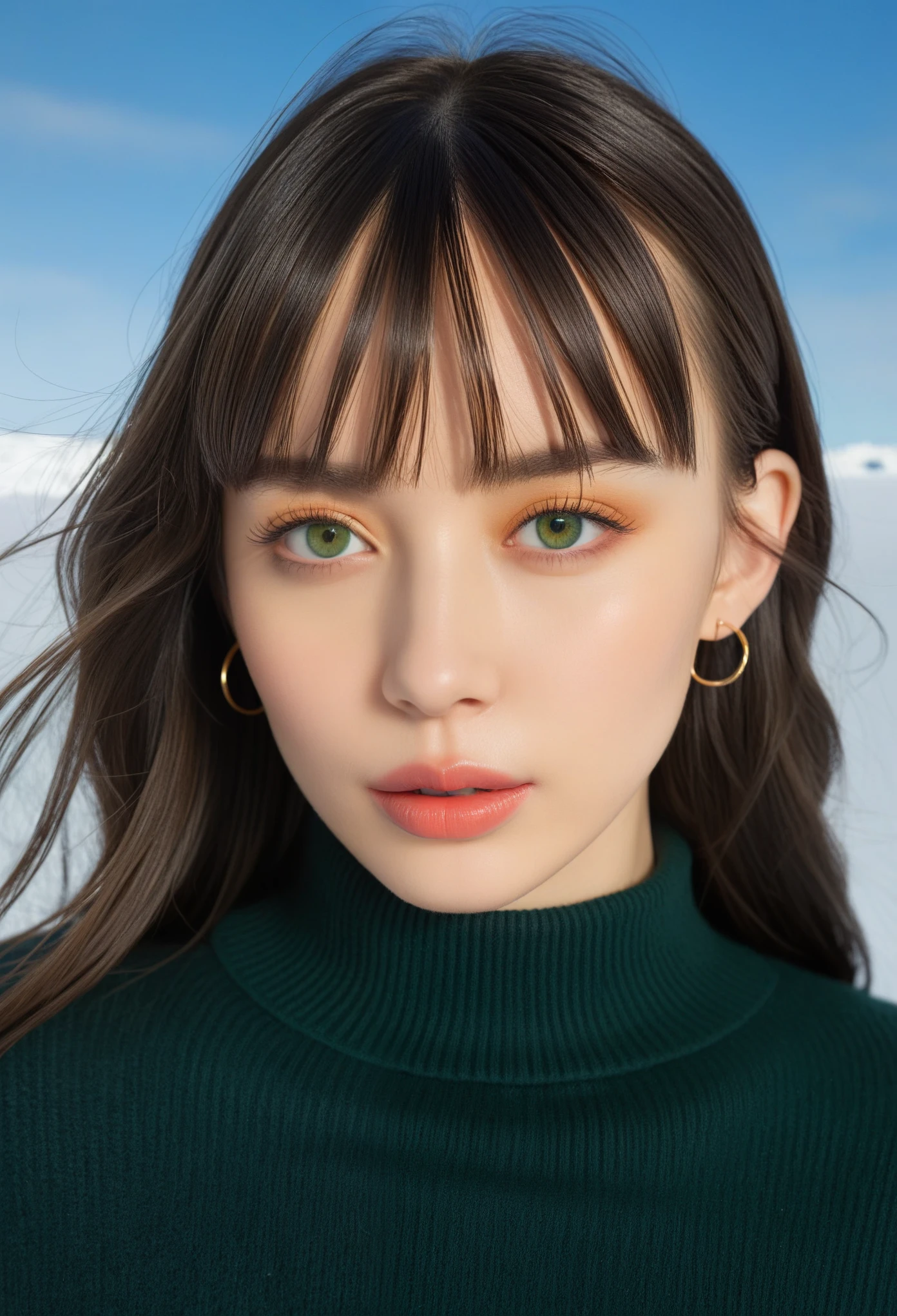 1 girl in a green park, detailed beautiful face, blunt bangs, detailed green eyes and lips, long eyelashes, oversized sweater, dark wash skinny jeans, ankle boots, loose waves, center part, simple hoop earrings, (best quality,4k,8k,highres,masterpiece:1.2),ultra-detailed,(realistic,photorealistic,photo-realistic:1.37),studio lighting, vivid colors, Yaiba, Antarctica, snowstorm, Symmetrical face