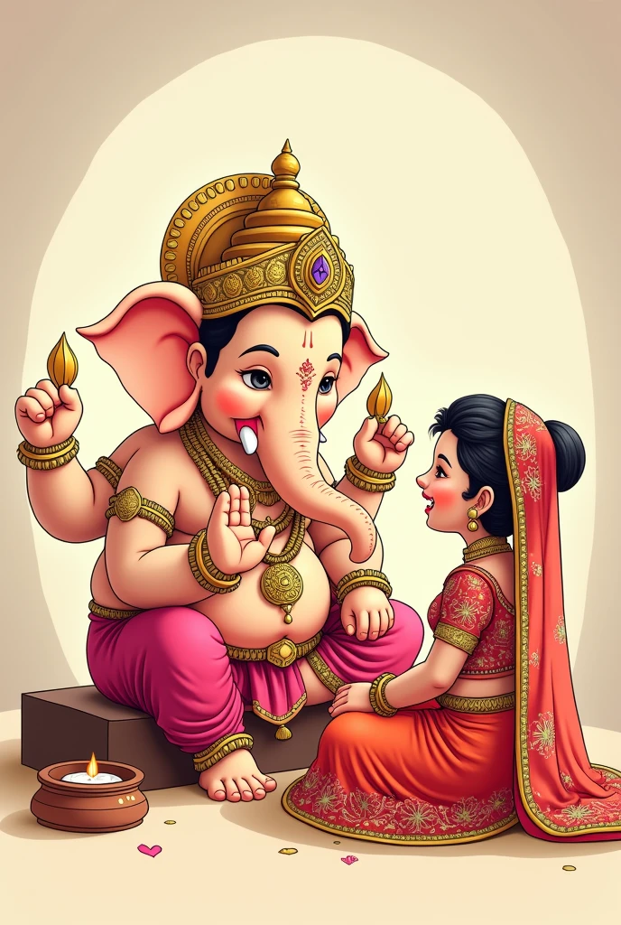 Bride 
sitting front of Ganesha for marriage worship cartoon 