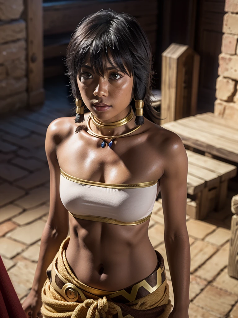 full body,(Tiona Hiryute:1.1) has medium-length black hair and brown eyes. Like all Amazons, she wears revealing clothes, wearing only a strip of cloth around her chest and a pareo around her waist, and always walks barefoot.extremely detailed detailed face , long eyelashes, photorealistic, high quality, highly detailed, 8k, masterpiece, realistic, studio lighting, natural lighting, soft lighting, warm colors, pastel colors, vibrant colors, in a dungeon rpg
