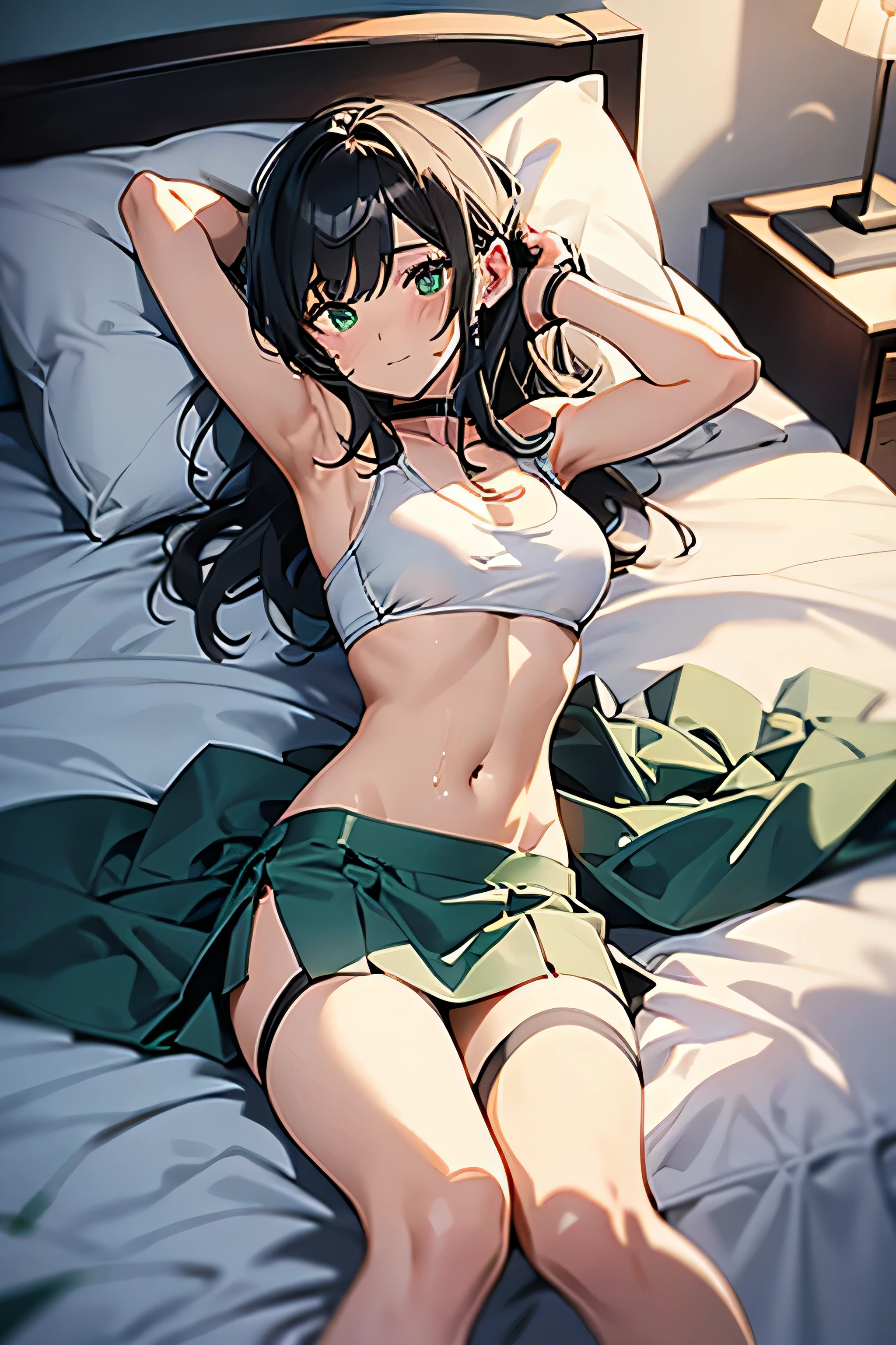 Long Black Hair,Bangs,Blouse and mini skirt、Lying on your back,Spread your legs,fishing eye,,　View from the front,Anime Girls,Highest quality,Pink bra and panties,Open your arms,bed