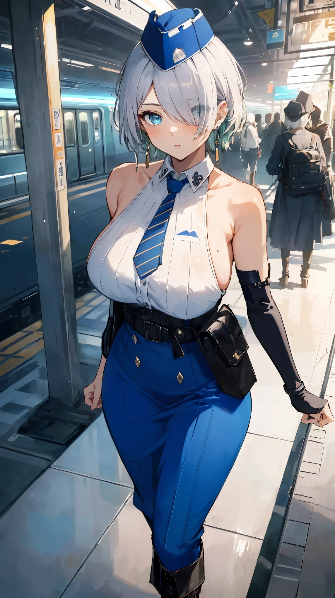 (masterpiece, best quality, ultra detailed, absurdres:1.5), 1girl, (sexy, beautiful woman, perfect face, perfect eyes, perfect female body, large breasts:1.5), (nikkebrid, white hair, low ponytail, hair over one eye, earrings, garrison cap, sleeveless shirt, long skirt, blue necktie, belt pouch, elbow gloves, high heel boots, ), (standing, indoors, future_train_station), perfect lighting, smooth, hdr