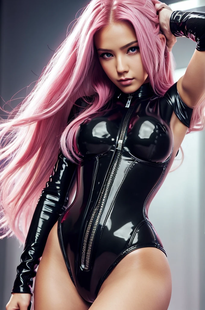 (1 girl), (cara delevingne), young girl, masculine physique, seductive face, seductive look, long pink hair, perfect muscular body, super skinny legs, black latex bodysuit, (huge muscular arms:1.25),