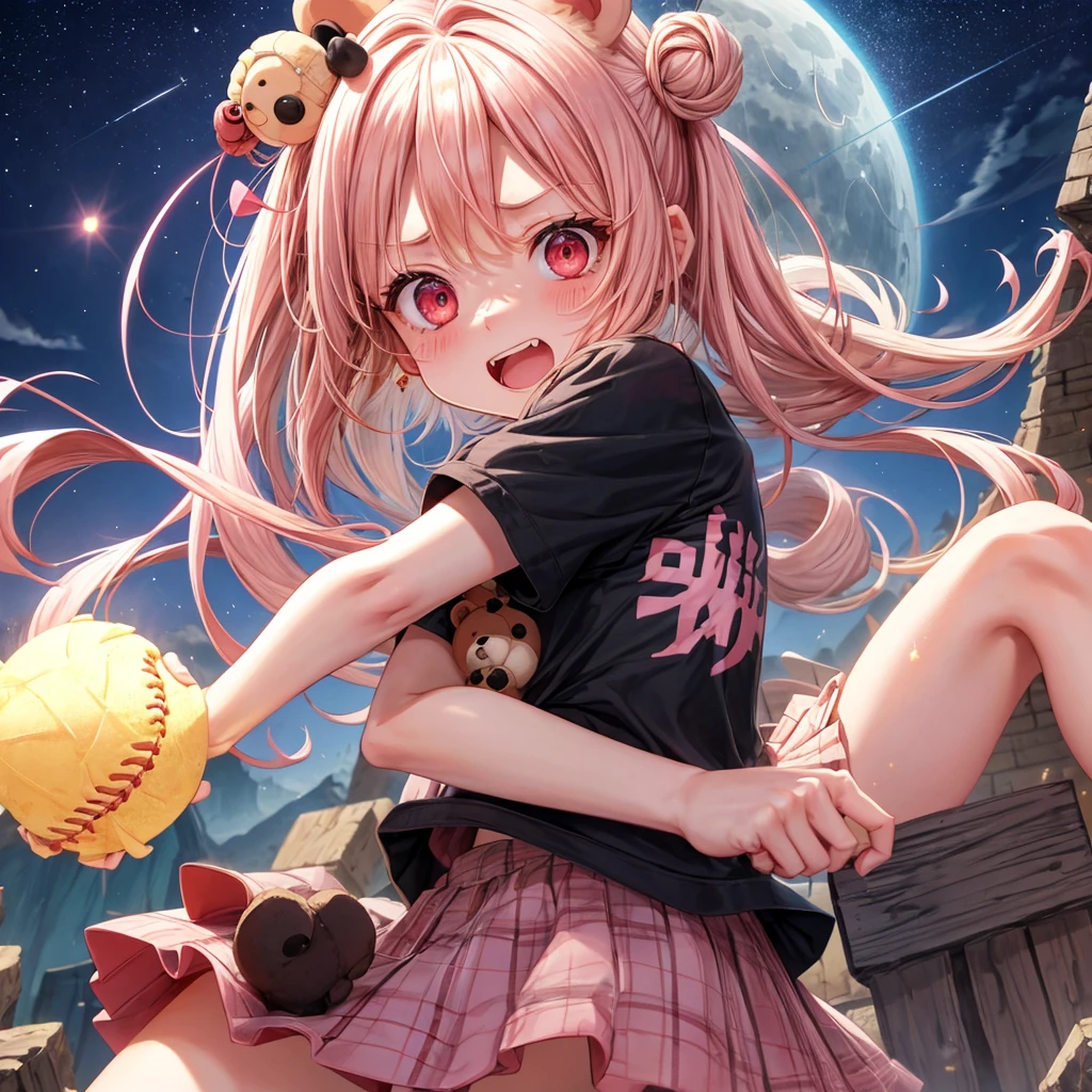 Pink Blonde、Red eyes、Hair tied up、One cute girl、solo、And soul、Checked mini skirt、black t-shirts、one piece、bear ears baseball cap、large tree、Thundercloud、Burning Full Moon、desert、Stones are piled up、Teeth are visible、Fortress City、Tilting face、Starry Sky、firework、A teddy bear is jumping