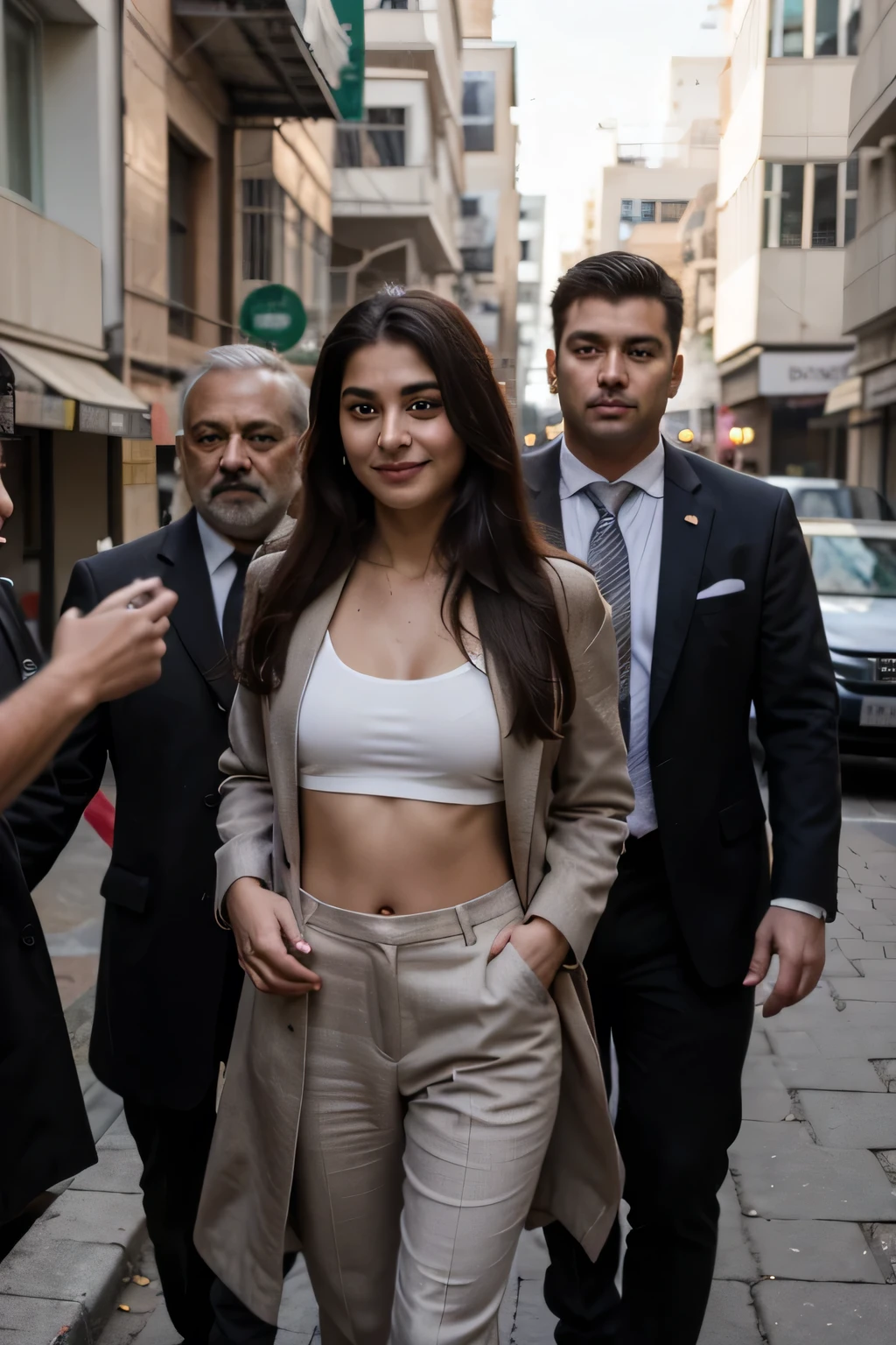 ((best quality)), ((masterpiece)), (detailed),
A 21 year old beautiful Indian girl with long hair smiling face beautiful eyes wearing suit coat pant standing with security guards and bodyguards with her surrounded by personal bodyguards protecting her respectfully full pic taken from long distance