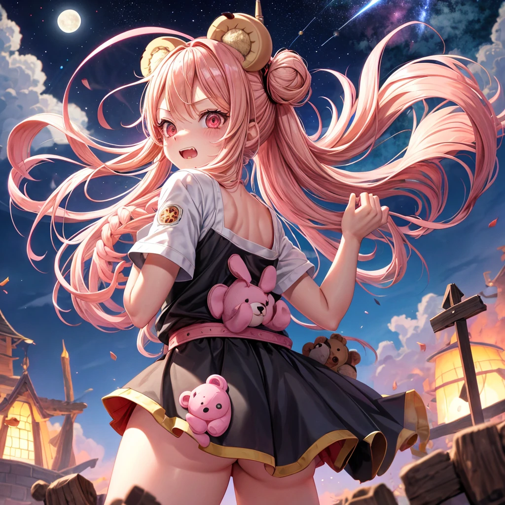 Pink Blonde、Red eyes、Hair tied up、One cute girl、solo、And soul、Checked mini skirt、black t-shirts、one piece、bear ears baseball cap、large tree、Thundercloud、Burning Full Moon、desert、Stones are piled up、Teeth are visible、Fortress City、Tilting face、Starry Sky、firework、A teddy bear is jumping