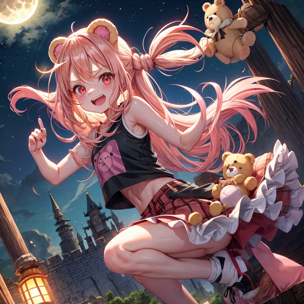 Pink Blonde、Red eyes、Hair tied up、One cute girl、solo、And soul、Checked mini skirt、black t-shirts、one piece、bear ears baseball cap、large tree、Thundercloud、Burning Full Moon、desert、Stones are piled up、Teeth are visible、Fortress City、Tilting face、Starry Sky、firework、A teddy bear is jumping