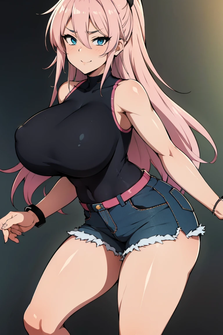 score_9, score_8_above, 4k, 8k, Detailed face, source_anime, artstation, greatness, intricate details, depth of vision, flat shading, BREAK 1chica, Fix it, pink hair, Long hair, blue eyes, Collections, sleeveless, Shorts, huge breasts, soft skin, qualification_questionable, Street, presumed