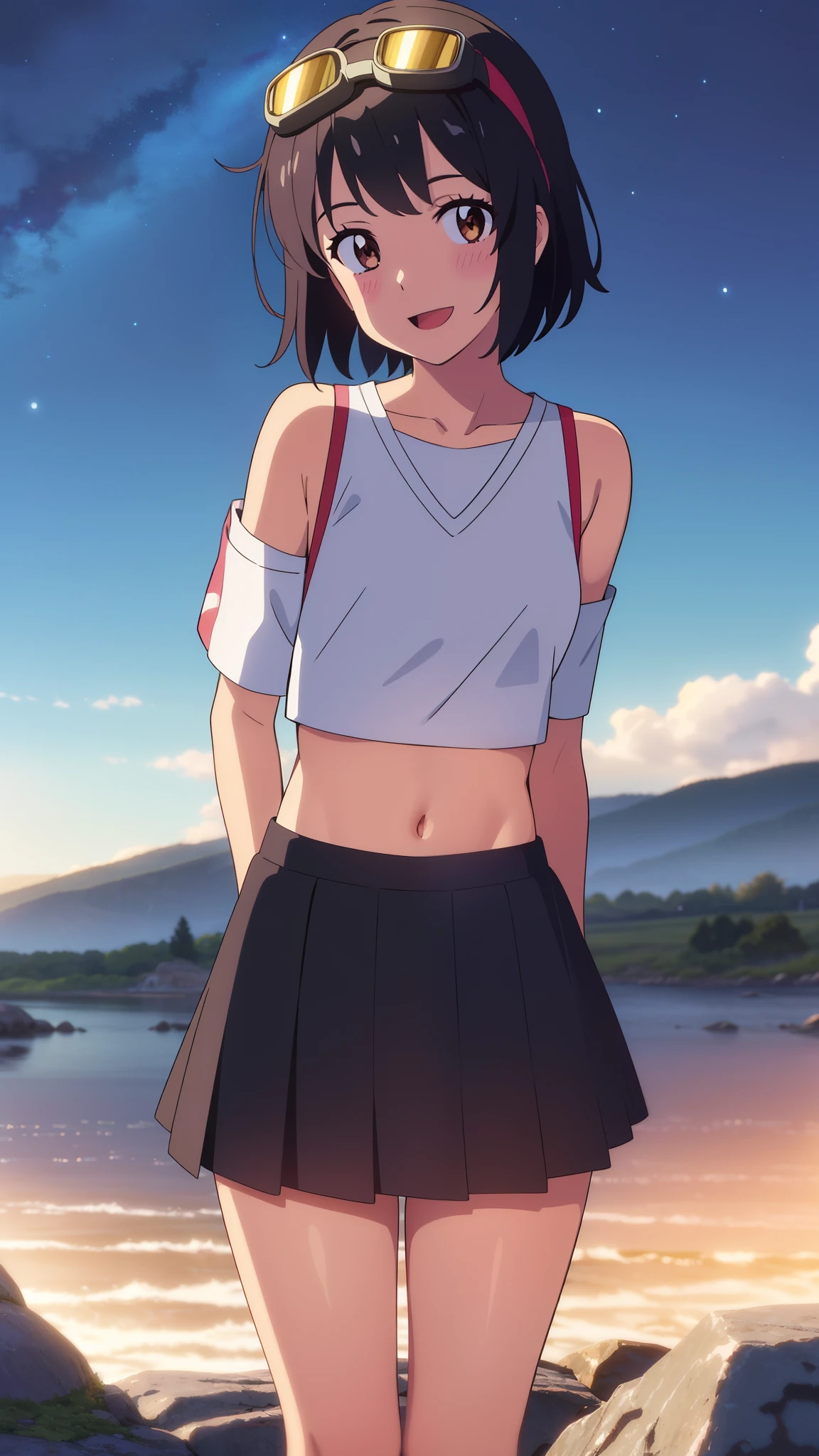 shinkai makoto, kimi no na wa., 1girl, bangs, black hair, blush, brown eyes, perfect face, perfect body, looking at the viewer, red ribbon, short hair, solo, shinny skin, smile, cute, open mouth, :D, (masterpiece), best quality, white crop top, bare shoulders, goggles on head, armband, black skirt, navel, cloudy, night sky, night background, mountains, rocks, standing, head tilt, (masterpiece), best quality