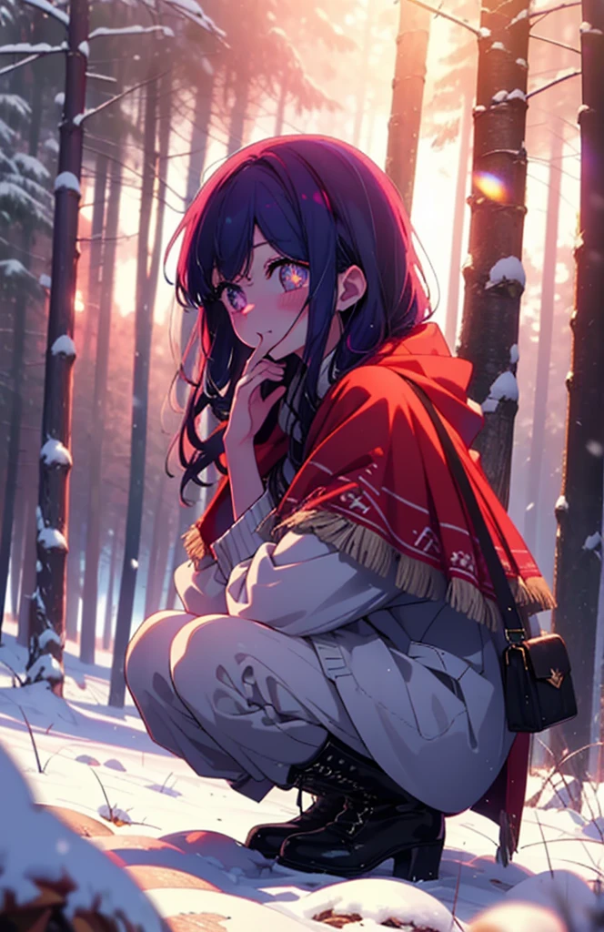 aihoshino, Ai Hoshino, Long Hair, bangs, (Purple eyes:1.1), Purple Hair, (Symbol-shaped pupil:1.5), smile,,smile,blush,white breath,
Open your mouth,snow,Ground bonfire, Outdoor, boots, snowing, From the side, wood, suitcase, Cape, Blurred, , forest, White handbag, nature, Squat, Mouth closed, Cape, winter, Written boundary depth, Black shoes, red Cape break looking at viewer, Upper Body, whole body, break Outdoor, forest, nature, break (masterpiece:1.2), Highest quality, High resolution, unity 8k wallpaper, (shape:0.8), (Beautiful and beautiful eyes:1.6), Highly detailed face, Perfect lighting, Highly detailed CG, (Perfect hands, Perfect Anatomy),