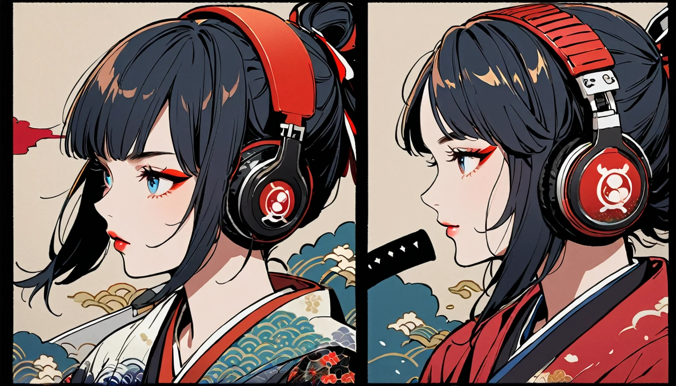 (((1 girl))), (((Flashy makeup))), (((Japanese style headphones))), (((Japanese pattern hoodie))), (((Japanese sword))), (((Female samurai))), Japanese beautiful girl, Black Hair, Delicate and precise, Modern ukiyo-e style, Japanese flag, red and blue neon