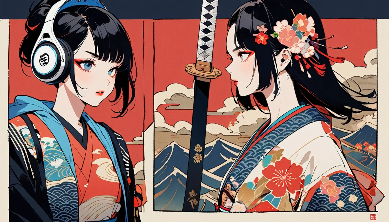 (((1 girl))), (((Flashy makeup))), (((Japanese style headphones))), (((Japanese pattern hoodie))), (((Japanese sword))), (((Female samurai))), Japanese beautiful girl, Black Hair, Delicate and precise, Modern ukiyo-e style, Japanese flag, red and blue neon