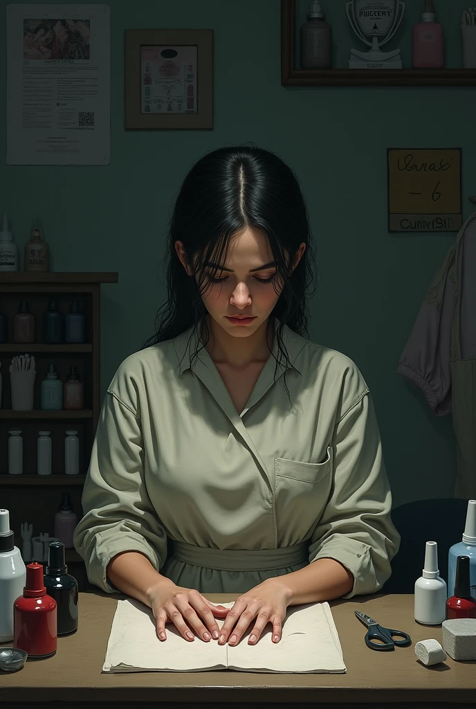 Sad manicurist looking at her nail space, drawing 
