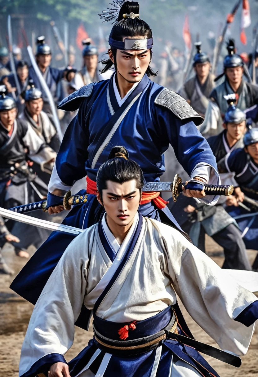 aenimeiyeon , JoJo, Zhuge Liang, oiling, handsome, 3 people, sweet boy, young man, battle, china, The Great War, weapon, They fight each other with swords, Three Kingdoms of the jeogbyeogdaejeon 