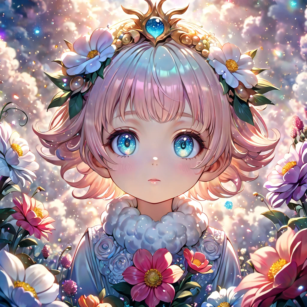 A cute child closeup on a flower, anna dittman style, fluffy clouds and flowers background, glow, glitter particles, giuseppe arcimboldo, volumetric lighting, soft pastel colors, ethereal, 8k, photorealistic, fog,
