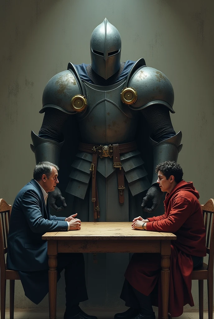 A narrator, visibly nervous, sitting behind a table, with an expression of fear. On the other side of the table is Damázio dos Siqueiras, an imposing and intimidating knight, with a threatening posture, but with an inquisitive look