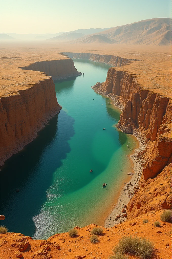  Scene of an arid desert landscape that transforms into an aerial view of the Dead Sea.]