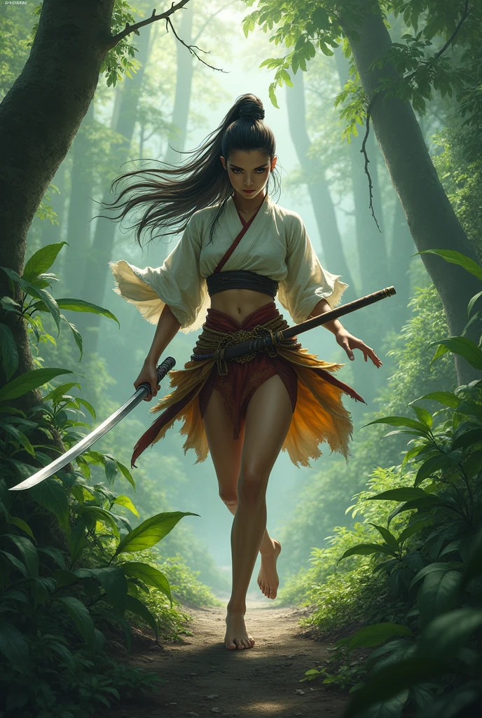 Young onna-bugeisha fighting in the jungle in a sexy skirt 