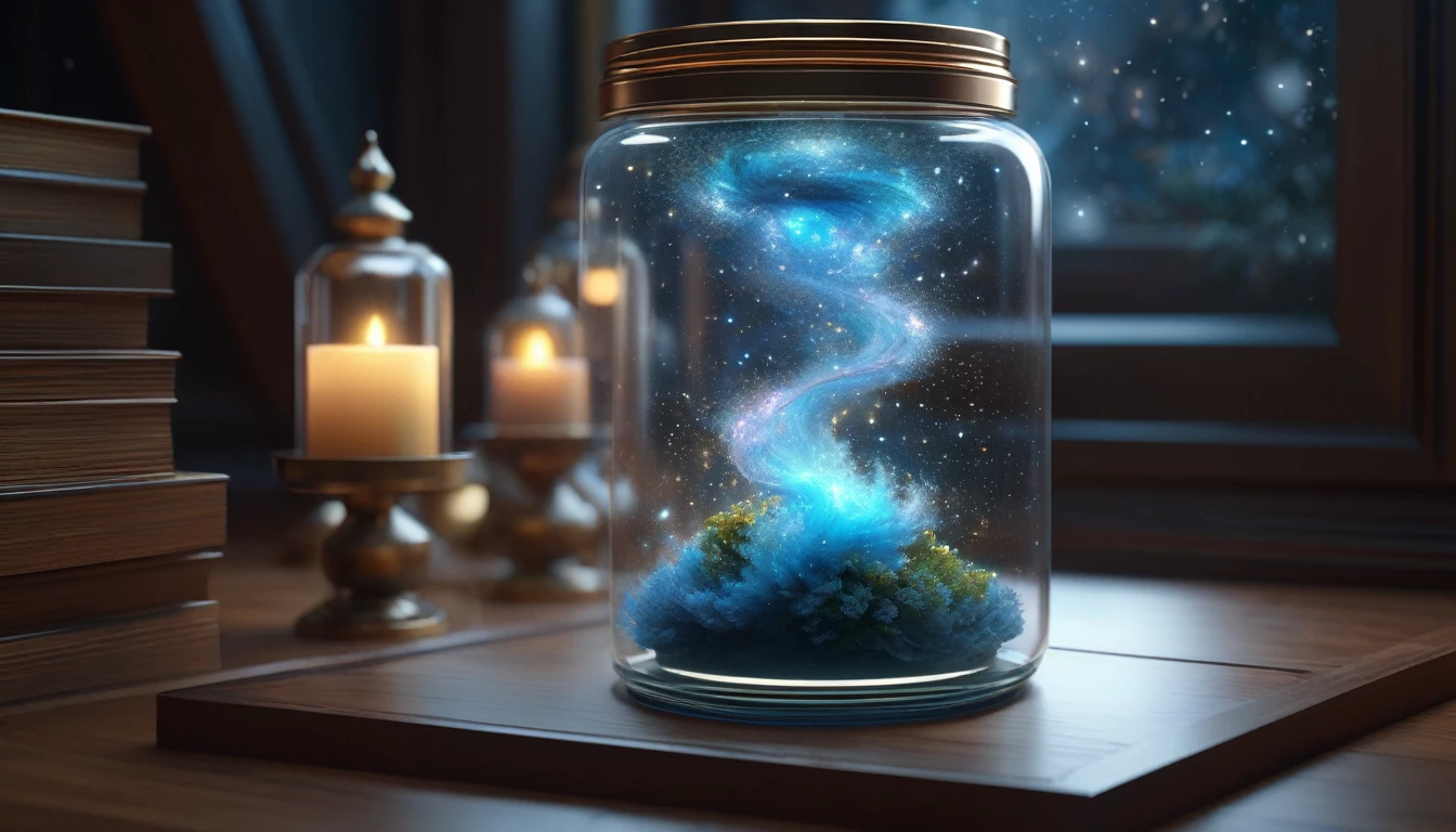 an optical illusion of the universe inside a glass jar, intricate detail, volumetric lighting, epic composition, hyper detailed, ultra realistic, sharp focus, octane render, volumetric, ray tracing, sense of awe, swirling mist, 4 k, cgsociety, sense of awe, mystical, by alphonse mucha, artstation, 8 k 