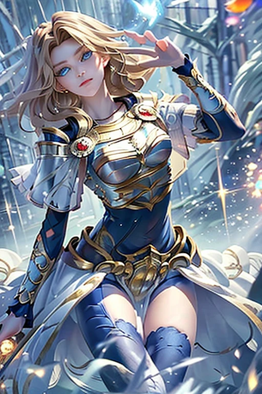 Modern anime-style digital painting of a 25-year-old female teacher in a frontal view and action pose during an autumn day, soaked by rain with dramatic lightning in the background. She is 165 cm tall, with measurements of 91-61-81 cm, and has waist-length, wavy blond hair with V bangs and bright blue eyes. Emitting a golden aura, she stands dynamically with one leg raised on a fallen log. She wears a ruffled white blouse, a black corset, skinny tight blue jeans, and high black boots, all drenched by the rain. The scene is set against rich autumn foliage and vivid lightning, enhancing the intense and mystical atmosphere.