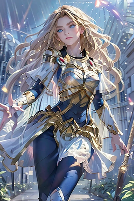 Modern anime-style digital painting of a 25-year-old female teacher in a frontal view and action pose during an autumn day, soaked by rain with dramatic lightning in the background. She is 165 cm tall, with measurements of 91-61-81 cm, and has waist-length, wavy blond hair with V bangs and bright blue eyes. Emitting a golden aura, she stands dynamically with one leg raised on a fallen log. She wears a ruffled white blouse, a black corset, skinny tight blue jeans, and high black boots, all drenched by the rain. The scene is set against rich autumn foliage and vivid lightning, enhancing the intense and mystical atmosphere.