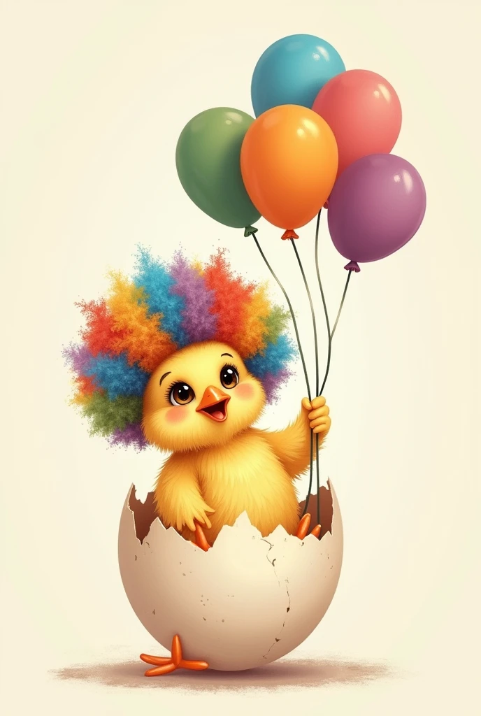 Drawing of a cute chick inside its shell with a clown wig and balloons that it holds together